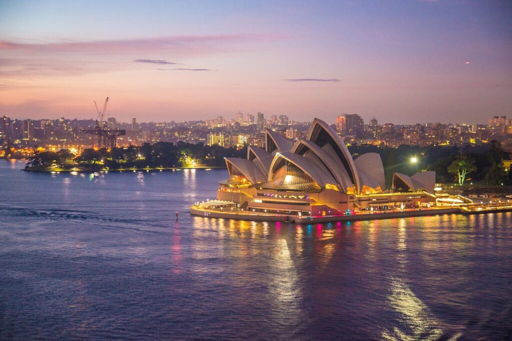 sydney opera house, sydney, architecture, building, nature, harbour, australia, cityscape, water, evening